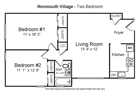 Floor plan for 2 beds, 1 bath
